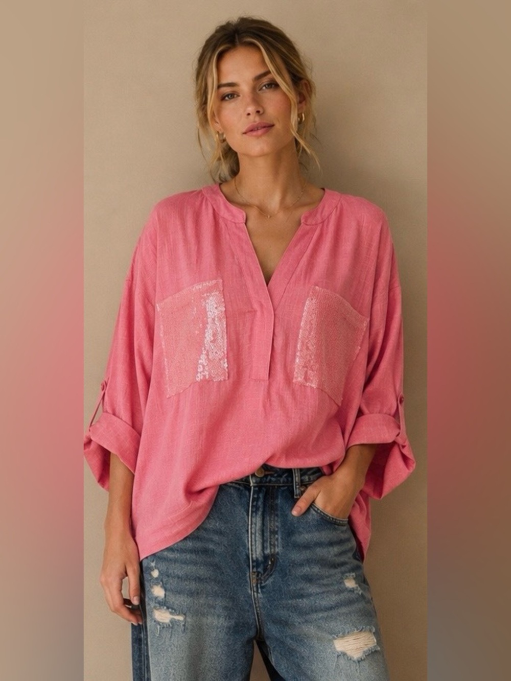 Melanie Lyne Linen/Viscose Tunic w Sequinned Patch Pockets - Oversized.